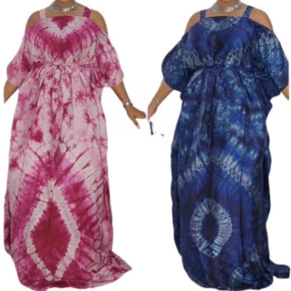 Belted Cold shoulder silk Adire Boubou dress - One size - Ready to ship - Picture 1 of 4